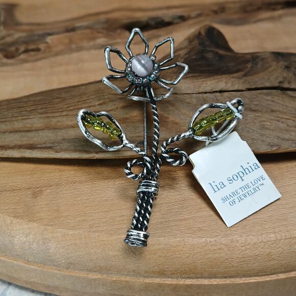 Lia Sophia Silver Tone Wire Flower Pin Brooch Pink Green Bead w/Orig Tag 90s Y2K - Picture 1 of 7